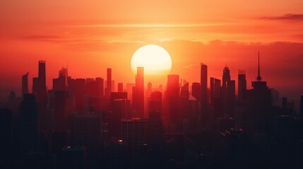 Fototapeta premium Silhouette of Modern City Skyline at Sunset with Dramatic Red Sky.