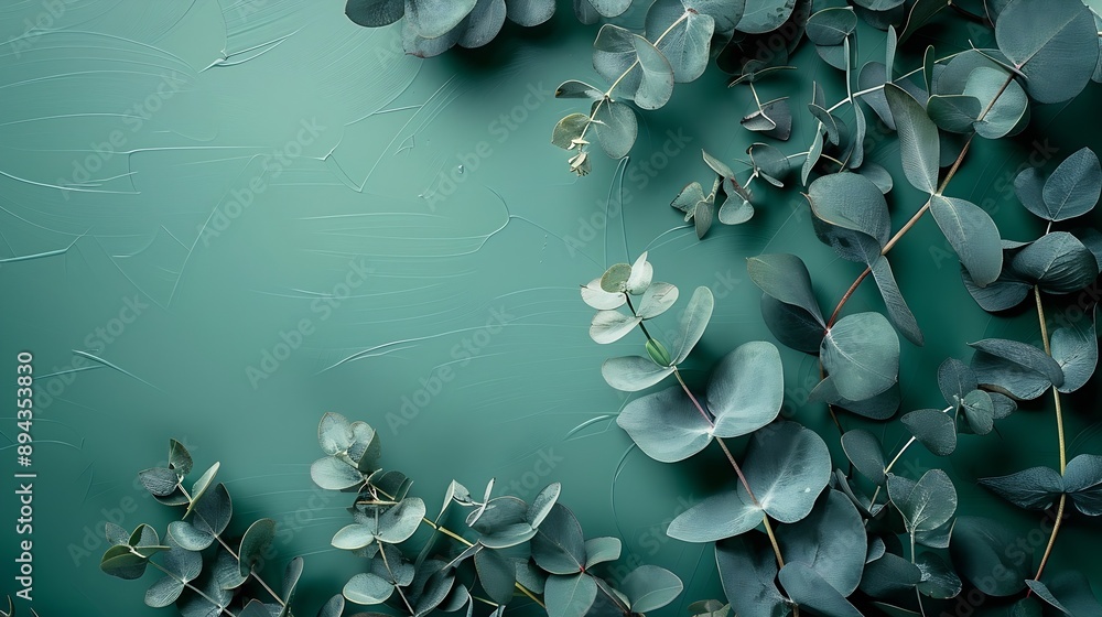 Poster Eucalyptus branch and leaves frame and creative layout on green background Top view flat lay Floral composition Design element Color card : Generative AI