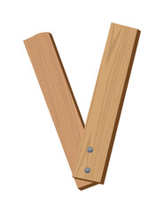 Wooden alphabet font, symbol V. Texture letter isolated on white, vector illustration. Typography typeface made of wooden planks