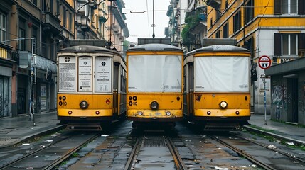 Billboards on an old yellow tramway in Milan : Generative AI