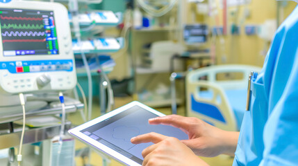 Obraz premium Healthcare professional using a tablet in a hospital with medical equipment in the background