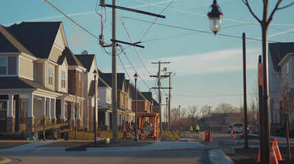 A team of hard hat-wearing electricians working on installing streetlights in a new residential development. The scene shows street poles, electrical equipment, and newly paved roads with houses in th