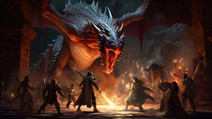 Epic Confrontation in Ancient Dungeon: Adventurers Battle a Dragon in a DnD Game Illustration