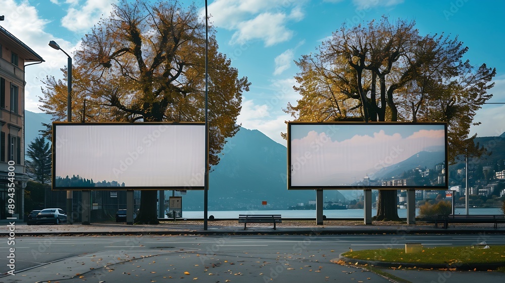 Poster 2 largeformat billboards next to each other on a street in switzerland in ticino lugano : generative