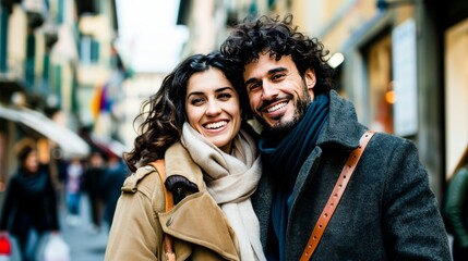 Fototapeta premium Happy young couple friends shopping in the streets market.
