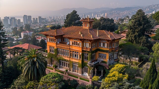 Beautiful aerial view to La Sebastiana museum Pablo Nerudas house in Valparaso Chile : Generative AI