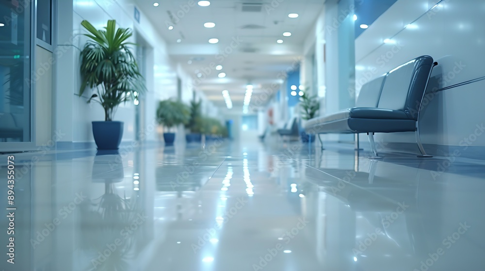 Poster blur background of corridor in clean hospital blurred view of aisle in office with light floor blurr