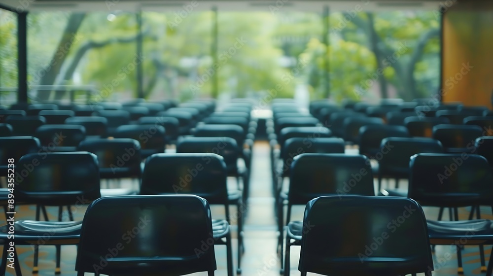 Poster defocused image of empty classroom of a campus with many black chairs arranged in the room empty cla