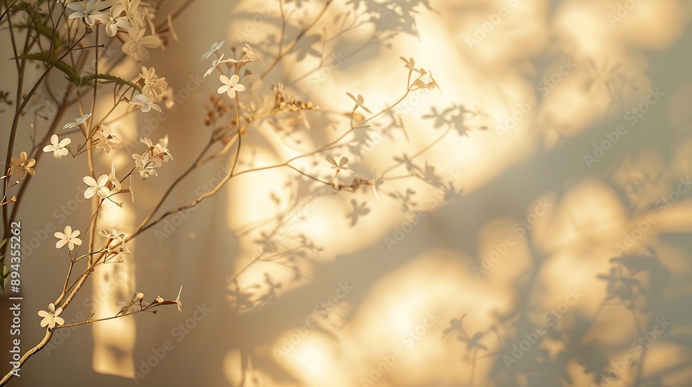 Poster warmtoned floral shadows on the walls in the house for a minimalist style background : generative ai
