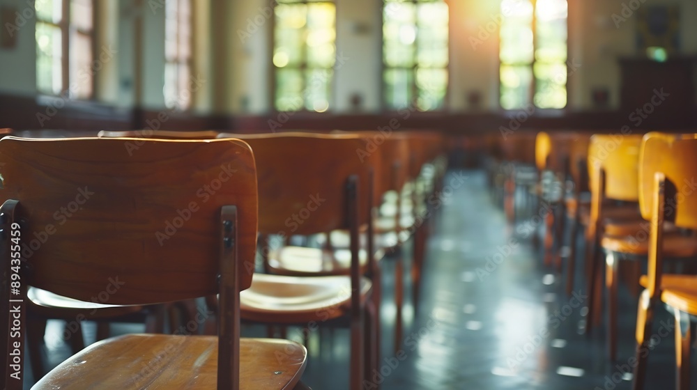 Poster empty university classroom with wooden chairs and desks modern university lecture room without stude