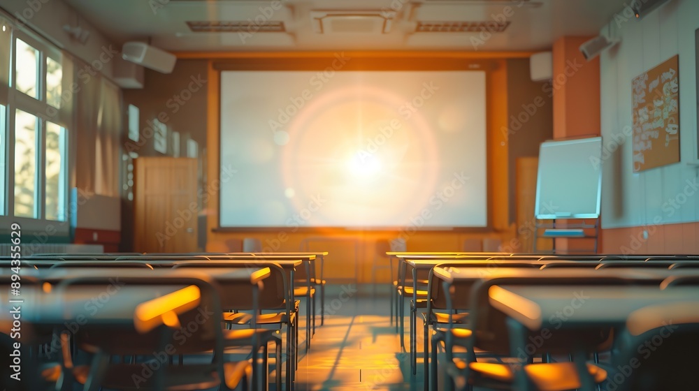 Aufkleber abstract blurred Empty Classroom or conference room with projector and screen light inside windowswarm tone : Generative AI