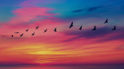 Fototapeta premium Beautiful sunset landscape with a colorful sky, summer sunshine, orange and pink clouds, with black silhouettes of birds flying, migrating to tropical regions, nature and animals, wildlife and freedom