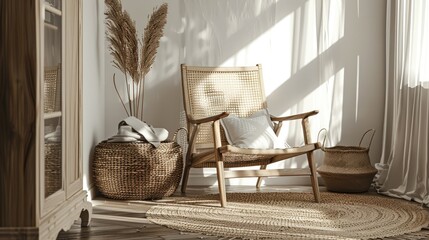 A Nordic chair and a basket on the living room floor