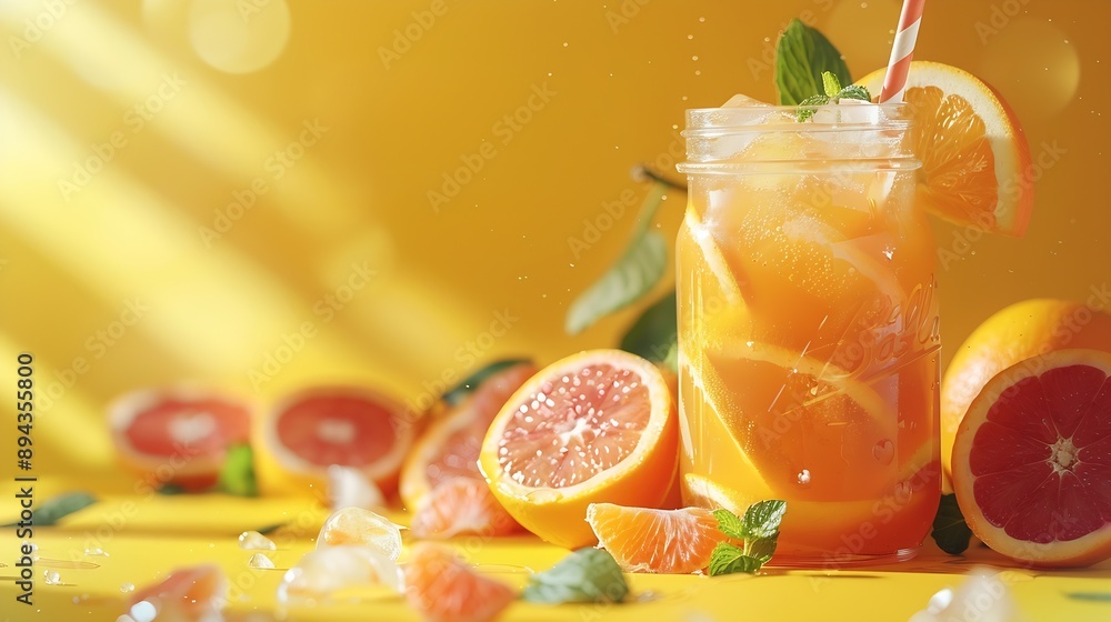 Poster freshly squeezed blood orange juice with ice mint and a slice of fruit in a jar on a yellow backgrou