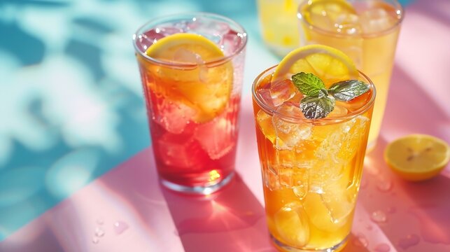 Takeaway glasses of summer drinks with ice Lemonade and coctails on coloured background : Generative AI