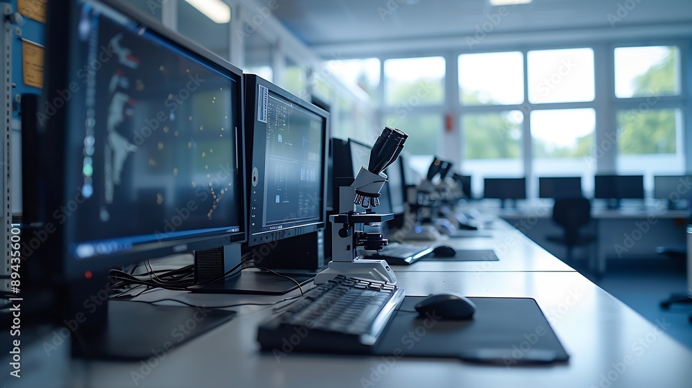 Poster computer lab with monitors and educational microscopes on the table : Generative AI