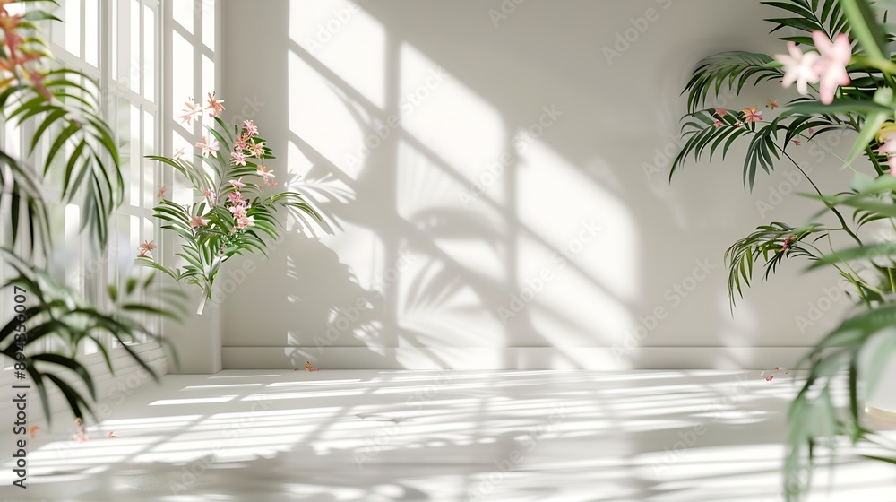 Poster abstract white studio background for product presentation empty room with shadows of window and flow