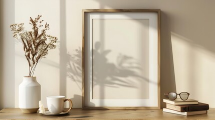 Empty wooden picture frame mockup hanging on beige wall background Boho shaped vase dry flowers on table Cup of coffee old books Working space home office Art poster display Modern int : Generative AI