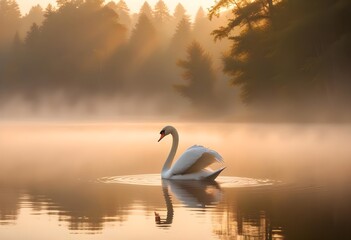 Fototapeta premium A swan swimming on the calm lake water, surrounded by gentle mist with a forest in the background. Sun rays reflecting create a peaceful and pleasant morning atmosphere