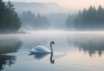 Fototapeta premium A beautiful, peaceful swan swimming on a lake surrounded by mist and forests in the morning