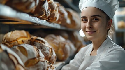 female baker takes out freshly baked fresh bread from the oven and puts it on the shelf in kitchen of the bakery Culinary profession : Generative AI