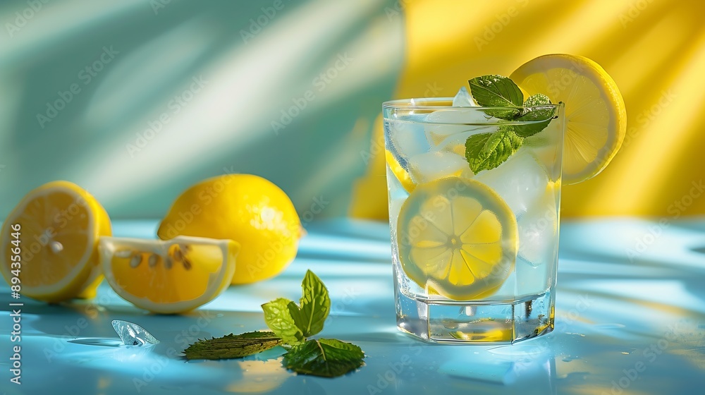 Poster A  cold lemonade in a glass with lemon mint and ice on a yellow and blue background with shadow The concept of a refreshing and healthy drink : Generative AI