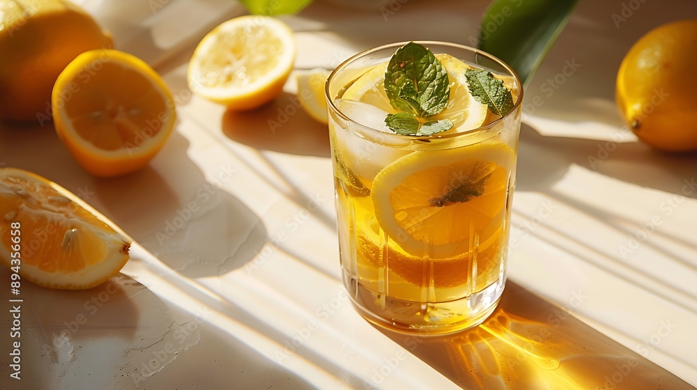 Poster Iced tea with lemon mint in a glass on light background with shadow and citrus fruits The concept of a refreshing and trendy drink or lemonade on a hot summer day Front view : Generative AI