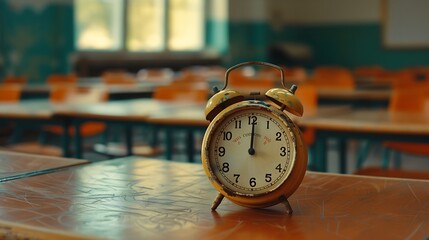 A small alarm clock on a desk in an empty classroom symbolizing school time or learning timetable : Generative AI