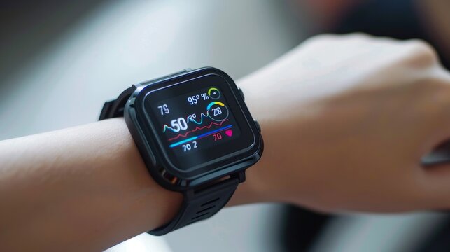 Close-up of a smartwatch on a person's wrist showing health metrics, including heart rate and blood oxygen levels.