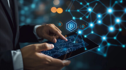 Encrypted data with blockchain technology and AI. Businessman employing a digital tablet for data science, cloud computing, and database management against an advanced tech backdrop.