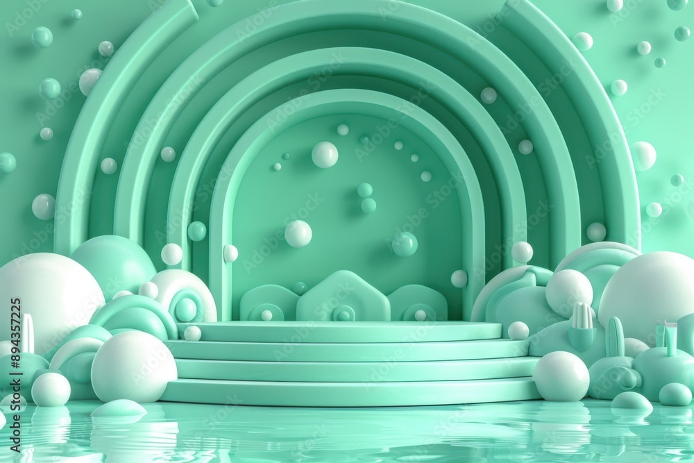 Poster a vibrant, abstract green stage backdrop. the scene features multiple arches in varying sizes, creat