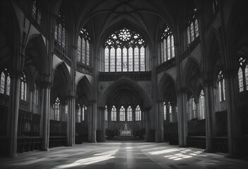 The interior of a vast Gothic cathedral with large windows and stained glass, through which light streams, creating an amazing ambiance