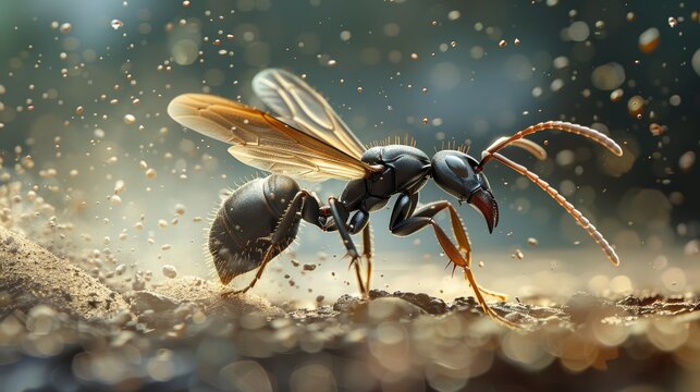 Black flying ant on the ground with closeup details