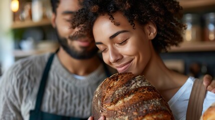 Biracial woman with eyes closed smelling freshly baked loaf of bread while cooking with boyfriend : Generative AI