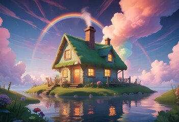 A small lonely cottage on an island, with a rainbow and colorful pastel clouds above the cottage