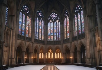 Obraz premium The interior of a vast Gothic cathedral with large windows and stained glass, through which light streams, creating an amazing ambiance