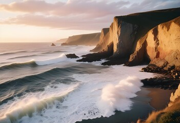 Massive cliffs along an uneven coastline, with crashing sea and ocean waves creating an incredible view. The sunset against the backdrop of the towering cliffs