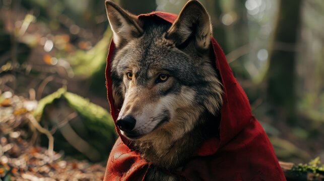 a wolf sitting in a red cloak in the forest.