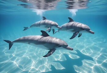 Obraz premium Dolphins swimming in clear blue, transparent water. Dolphins in their natural habitat. Small pod of dolphins. Animal photography, close-up of animals