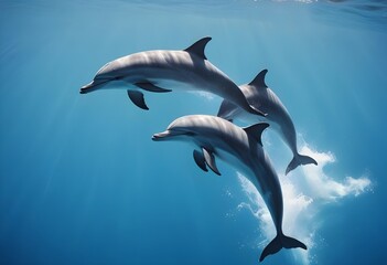 Dolphins swimming in clear blue, transparent water. Dolphins in their natural habitat. Small pod of dolphins. Animal photography, close-up of animals