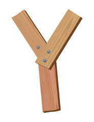 Wooden alphabet font, symbol Y. Texture letter isolated on white, vector illustration. Typography typeface made of wooden planks