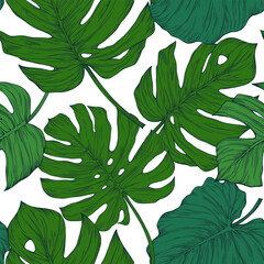 Obraz premium Seamless pattern with tropical hand drawn leaves. Green illustration.