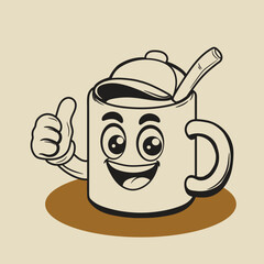 Retro cartoon coffee cup character. Mug mascot in different poses colouring. 60s 70s 80s groovy contour vector black and white illustration. Espresso black coffee cup.