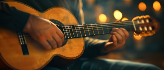 Fototapeta premium A Spanish musician documenting traditional music played at a convention, photorealistic, detailed instruments, rich textures, warm atmosphere