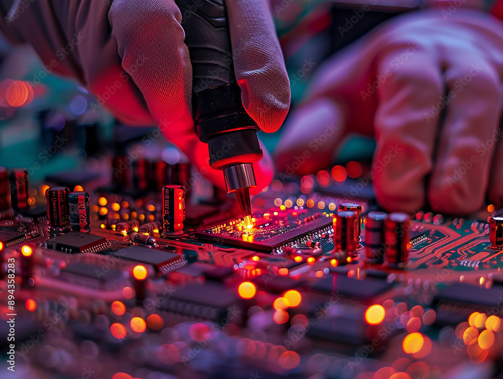 Poster gloved hands working on circuit board with red lighting