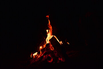 firewood burns, fire coals at night. Red hot coals glowing on a dying campfire pit. Orange glow...