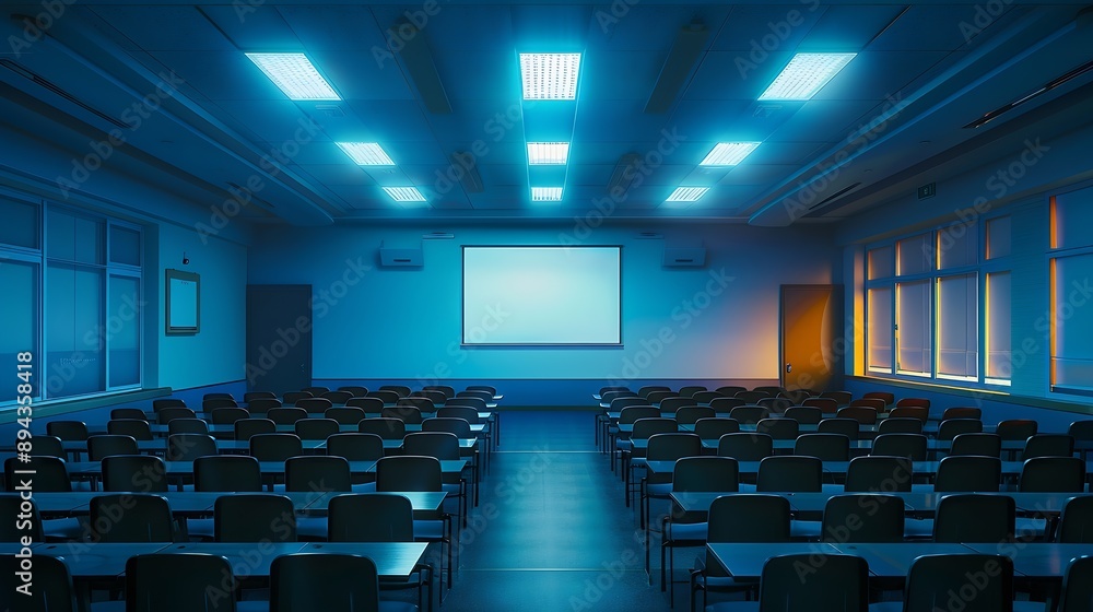Poster empty classroom or conference room with projector and screen light inside windowsblue tone : generat
