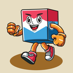 Fun cardboard box cartoon character colouring. Cute retro delivery mascot with box cartoon courier delivering shop order, sticker and typography patch 70s 80s vector illustration.