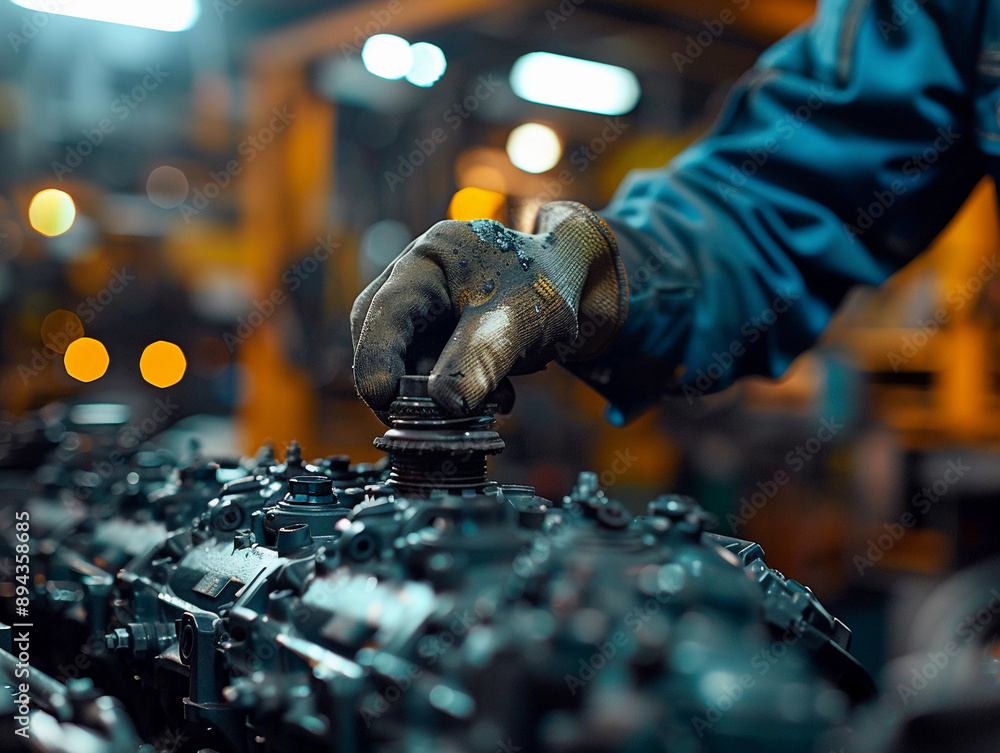 Poster close-up of a gloved hand installing a part on an engine in a factory