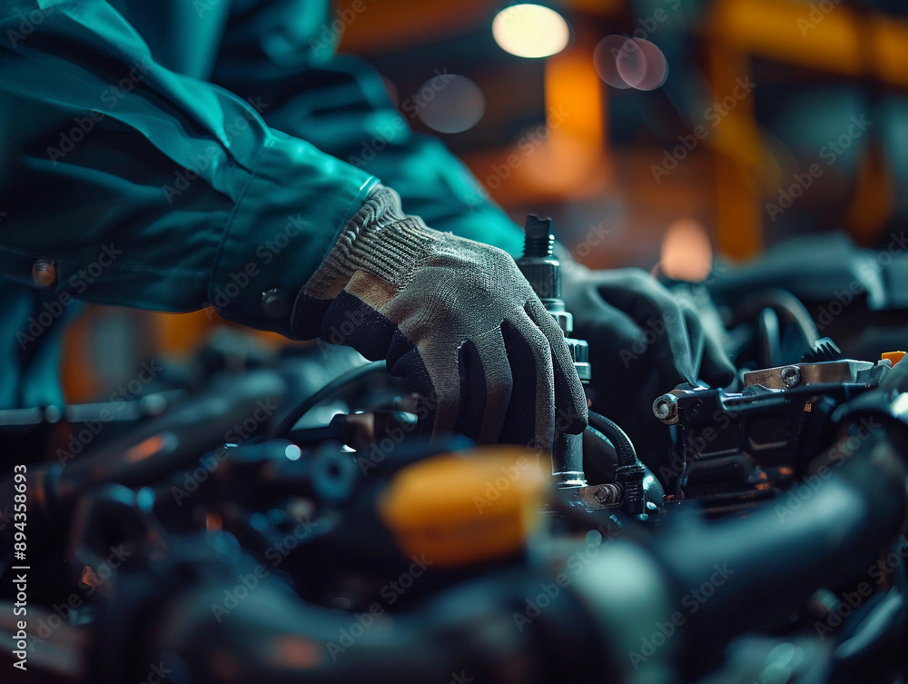 Poster mechanic's gloved hands working on a car engine in a factory setting